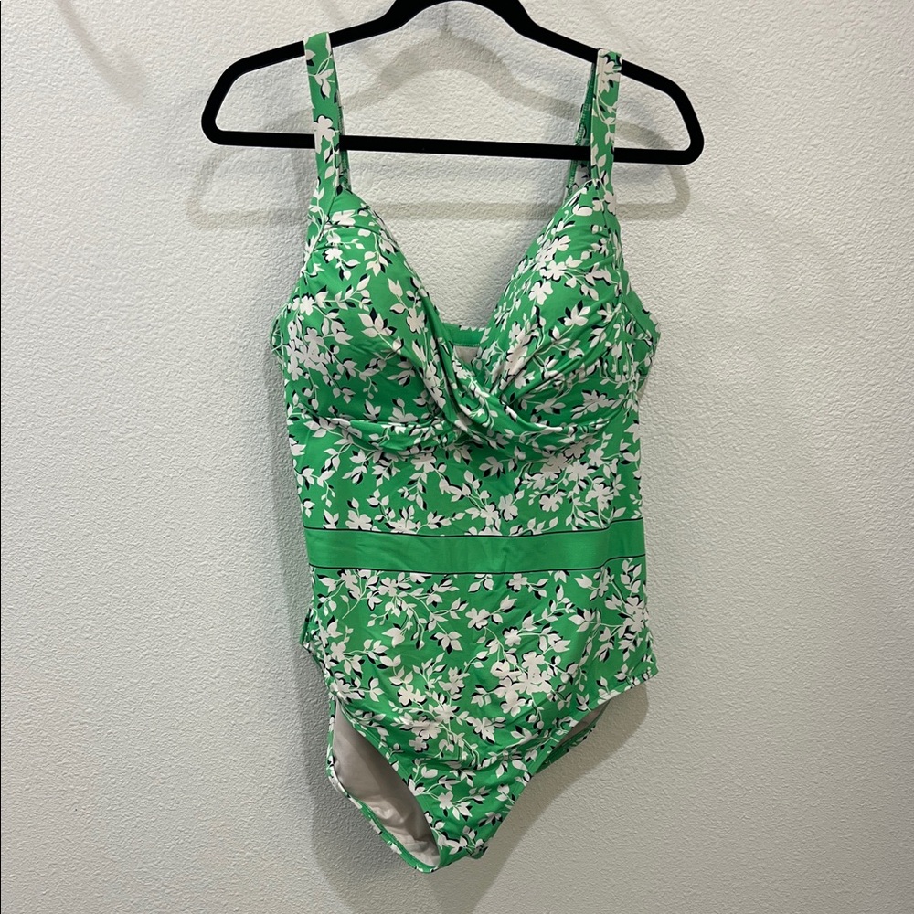 Draper James Green and White Floral Twist-Front One-Piece Swimsuit